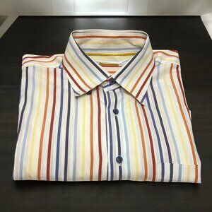 Robert Talbott Carmel White Striped Hidden‎ Button Collar Shirt